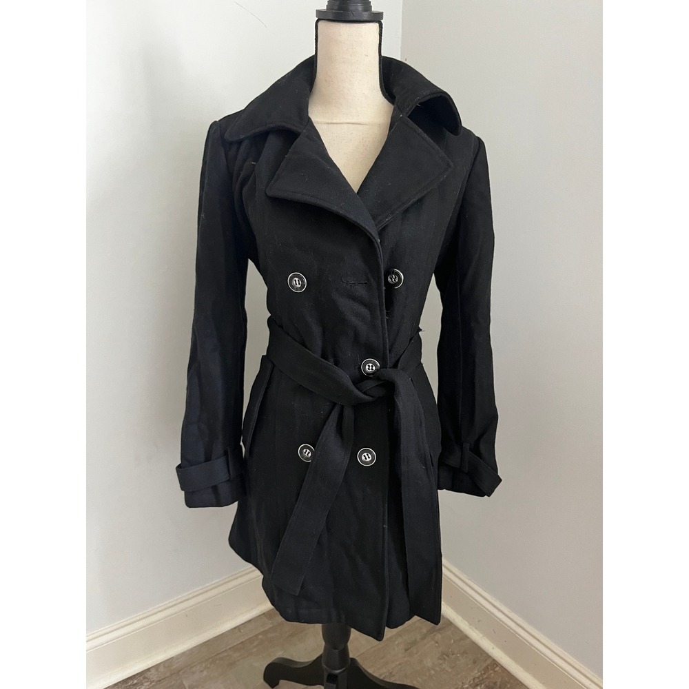 Black Belted Pea Coat Size Medium Classic Preppy Minimalist Chic Wool Trench